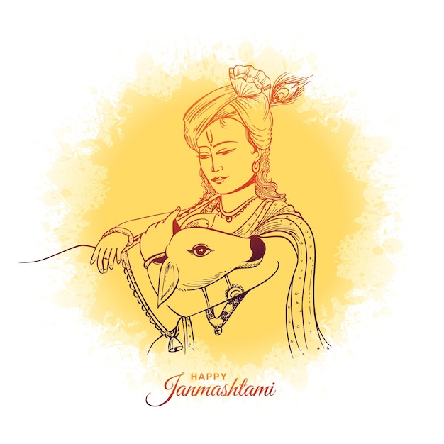 Free vector hand draw sketch happy janmashtami indian festival card design