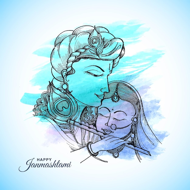 Hand draw sketch lord krishna in happy janmashtami festival card background