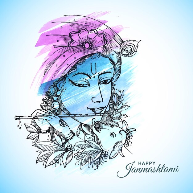 Hand draw sketch lord krishna in happy janmashtami festival card background