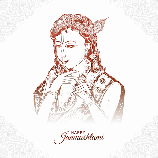 Free Vector hand draw sketch lord krishna in happy janmashtami festival card background