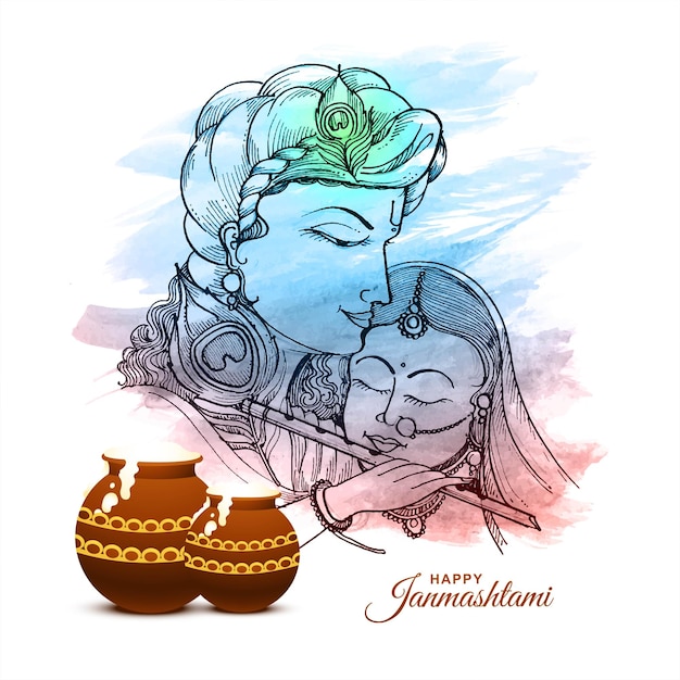 Hand draw sketch lord krishna in happy janmashtami holiday background