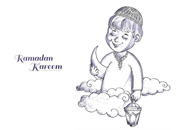 Free vector hand draw sketch muslim boy holding lantern ramadan kareem card design