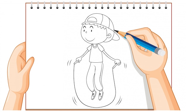 Hand drawing of boy jumping rope outline