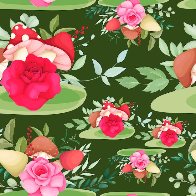 hand drawing mushroom and rose seamless pattern