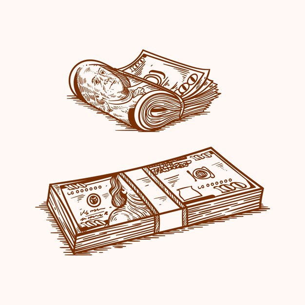 Hand drawn 100 dollar bill cartoon money illustration