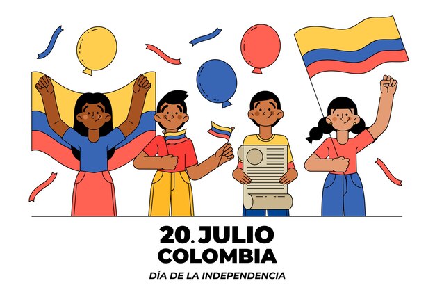 Hand drawn 20 de julio background with people holding flags and balloons