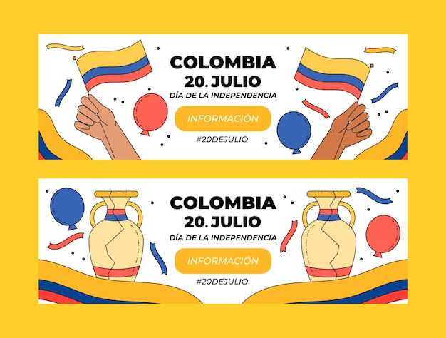 Hand drawn 20 de julio horizontal banners set with balloons and flags