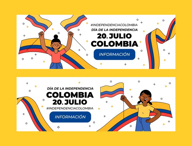 Hand drawn 20 de julio horizontal banners set with people holding colombian flags