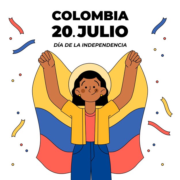 Hand drawn 20 de julio illustration with holding colombian flag