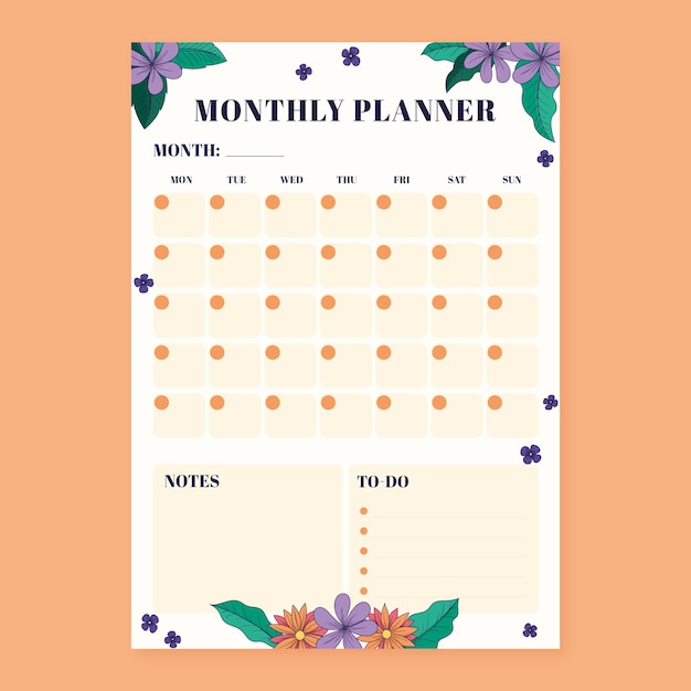 Hand drawn 2024 monthly planner template with flowers