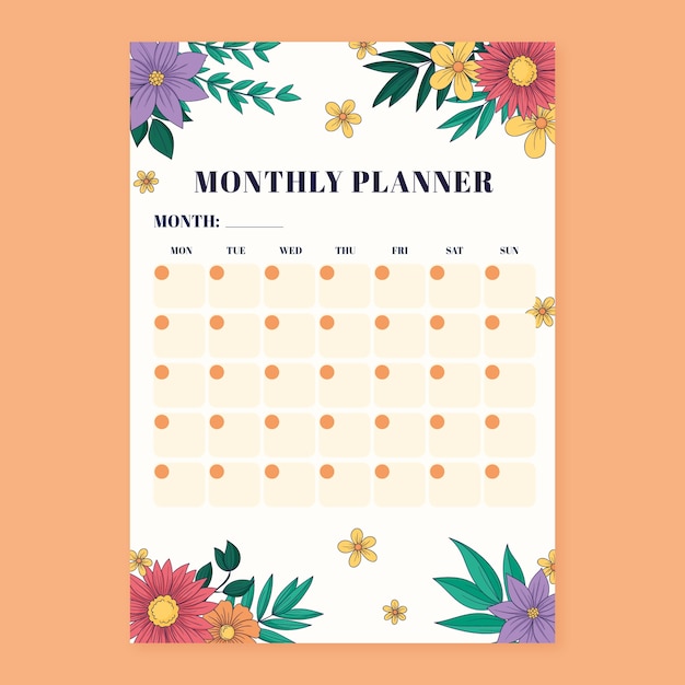 Hand drawn 2024 monthly planner template with flowers