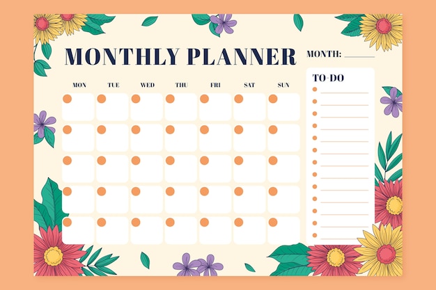 Hand drawn 2024 monthly planner template with flowers