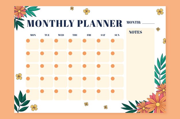 Hand drawn 2024 monthly planner template with flowers