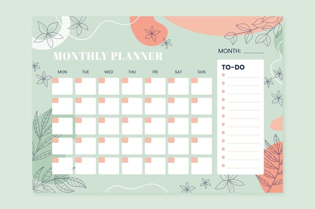 Hand drawn 2024 monthly planner template with leaves and vegetation