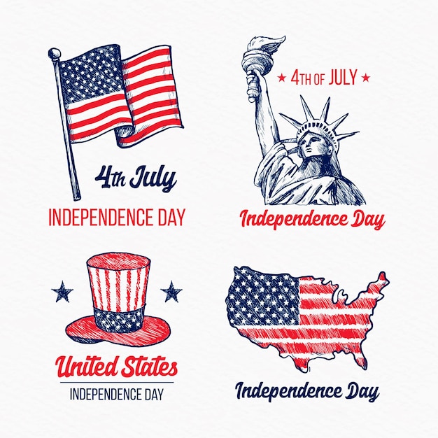 Hand drawn 4th of july independence day labels