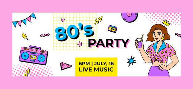 Hand drawn 80s party celebration facebook cover