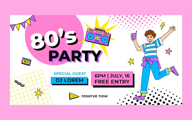 Hand drawn 80s party celebration facebook template