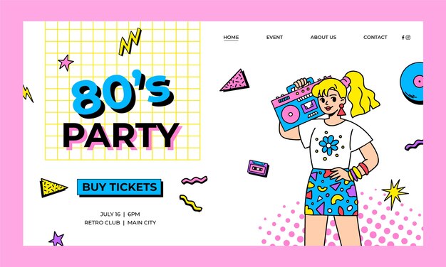 Hand drawn 80s party celebration landing page