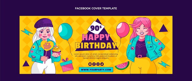 Hand drawn 90s birthday facebook cover template