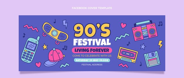 Hand drawn 90s music festival facebook cover