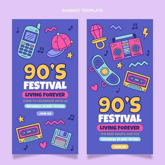 Hand drawn 90s music festival vertical banners