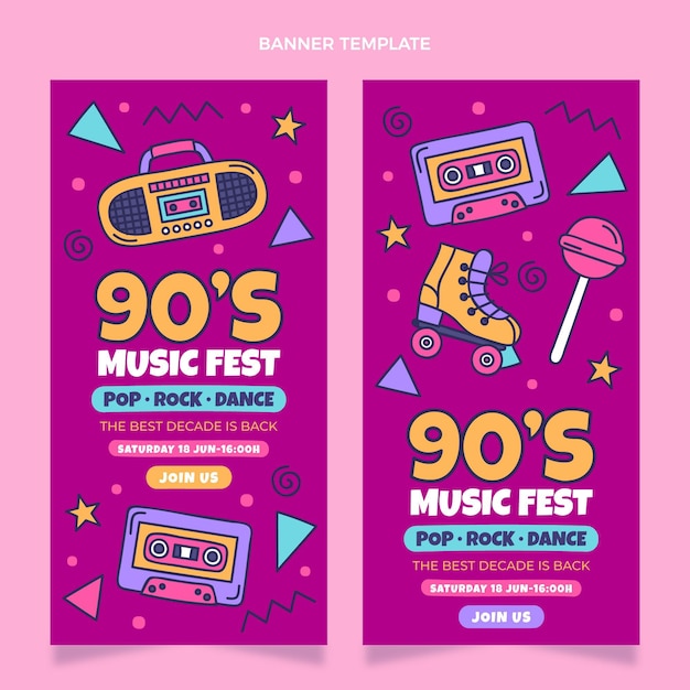 Hand drawn 90s music festival vertical banners