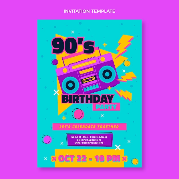 Hand drawn 90s nostalgic birthday invitation