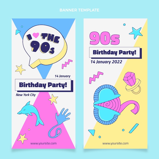 Hand drawn 90s nostalgic birthday vertical banners