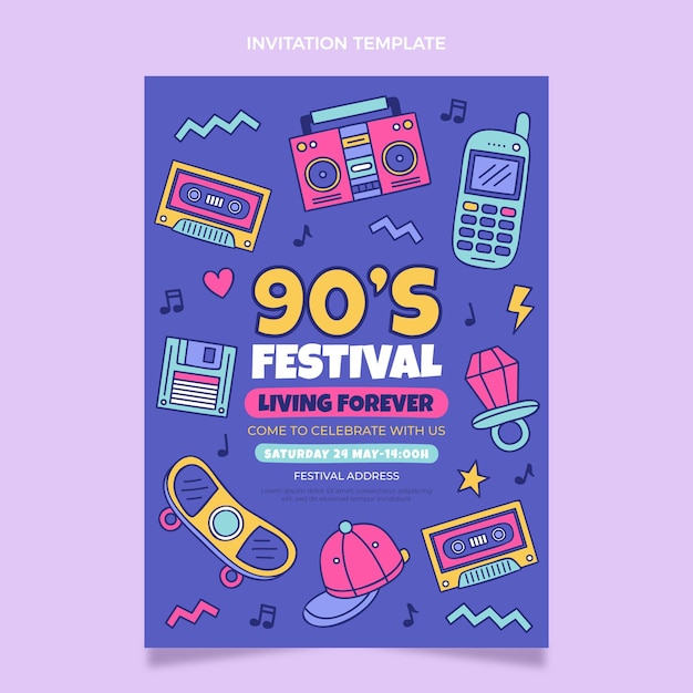 Hand drawn 90s nostalgic music festival invitation