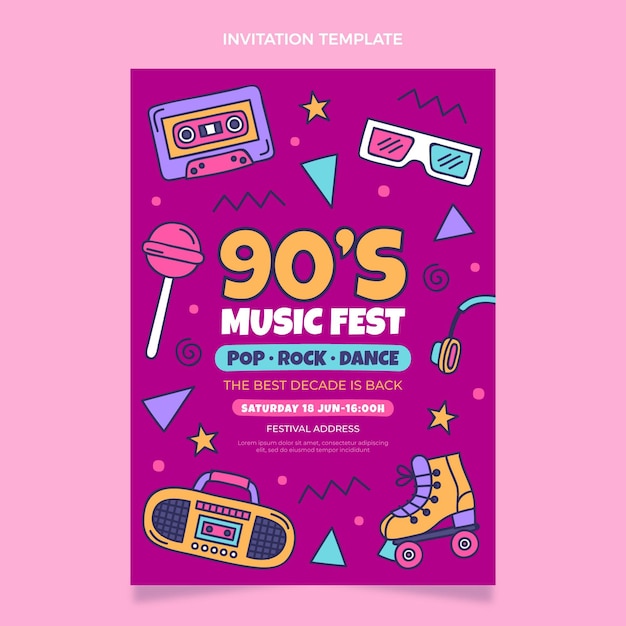 Hand drawn 90s nostalgic music festival invitation