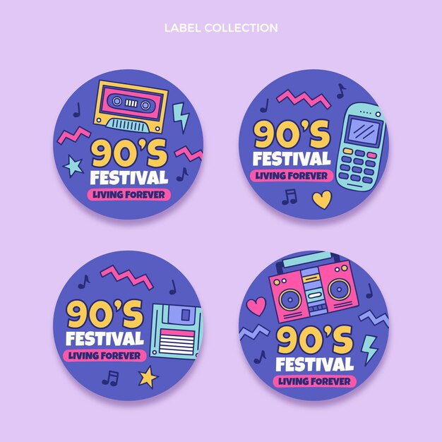 Hand drawn 90s nostalgic music festival labels