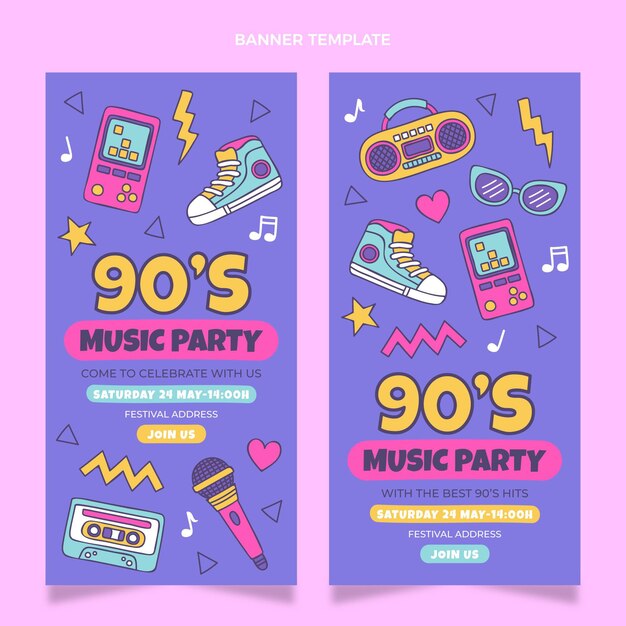 Hand drawn 90s nostalgic music festival vertical banners