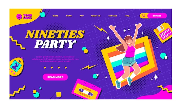 Hand drawn 90s party landing page template