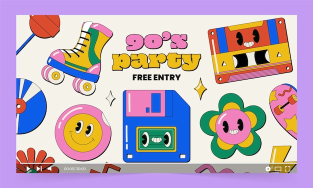 Free Vector hand drawn 90s party youtube thumbnail