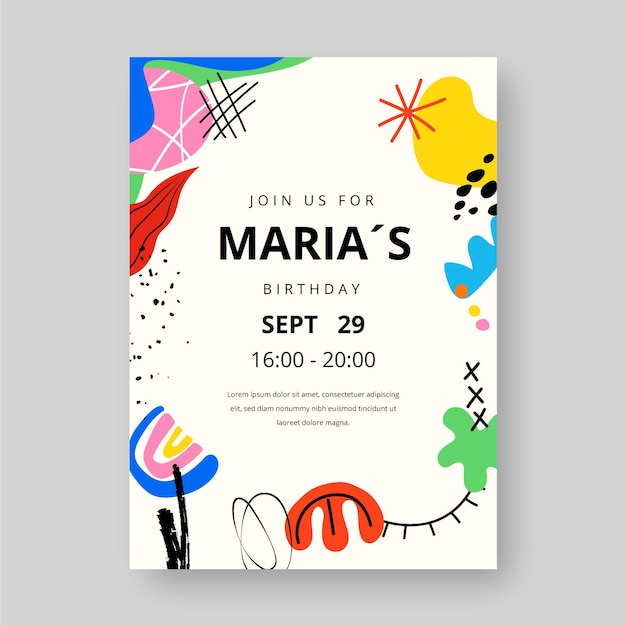 Hand drawn abstract shapes birthday invitation template