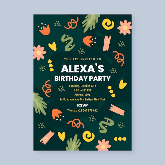 Hand drawn abstract shapes birthday invitation