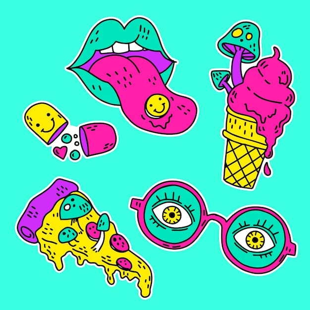 Free Vector hand-drawn acid colors funny sticker collection