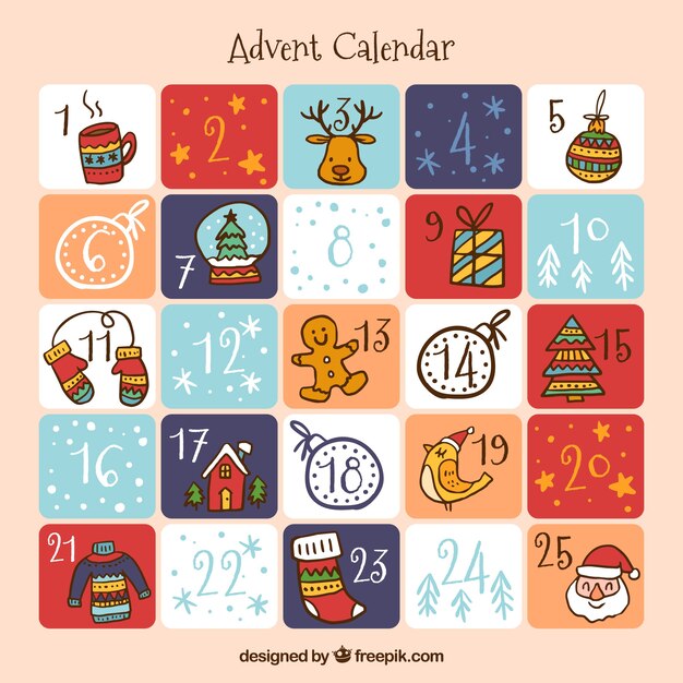 Hand drawn advent calendar in bright colours