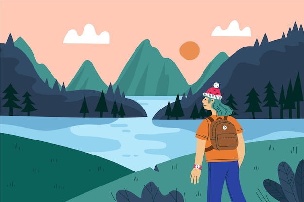 Hand drawn adventure background with lake