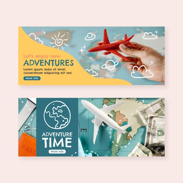 Hand drawn adventure horizontal banners with photo