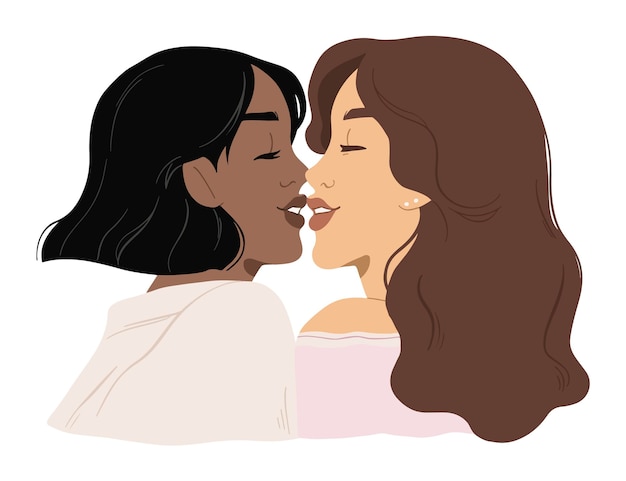 Hand drawn affectionate lesbian kiss