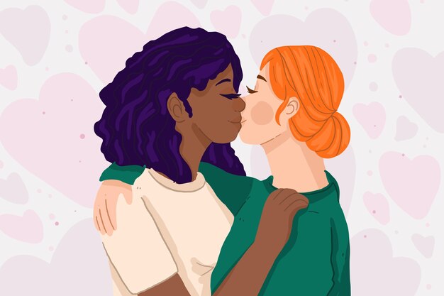 Hand drawn affectionate lesbian kiss