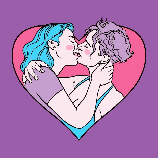 Hand drawn affectionate lesbian kiss