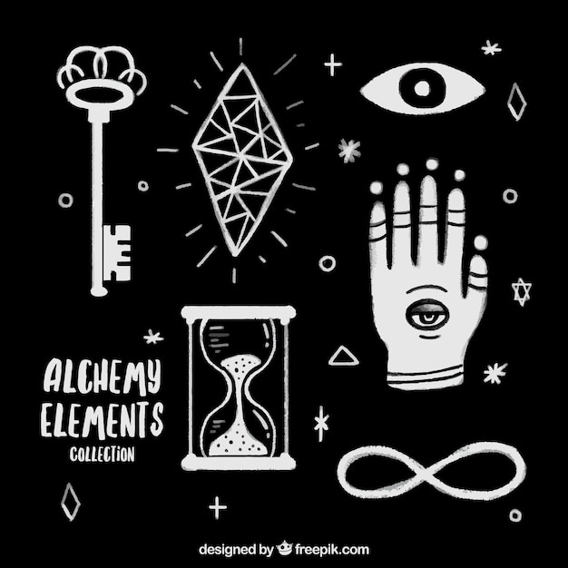 Hand drawn alchemy accessories and symbols set