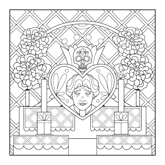 Free vector hand drawn altar de dia de muertos coloring page illustration