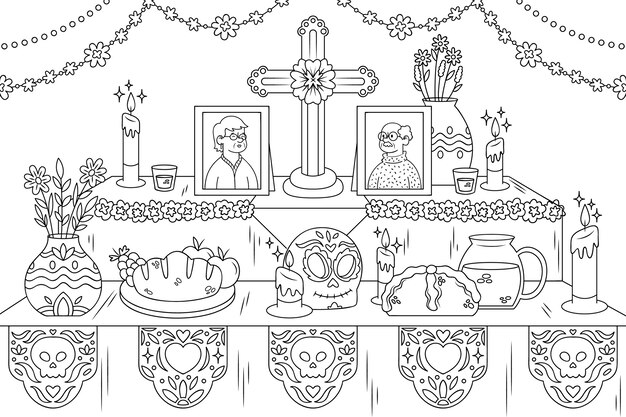 Hand drawn altar de muertos coloring page illustration