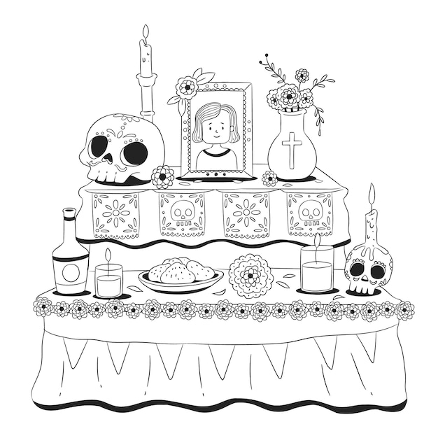 Free Vector hand drawn altar de muertos coloring page illustration