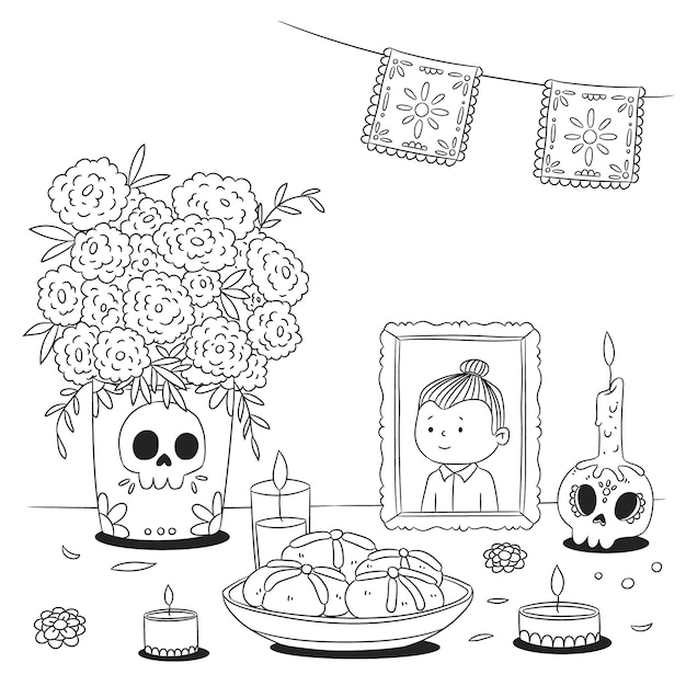 Hand drawn altar de muertos coloring page illustration