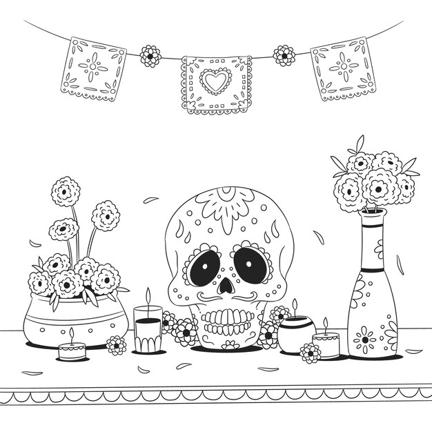 Hand drawn altar de muertos coloring page illustration