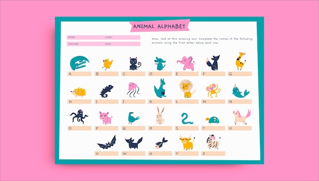 Hand drawn animals alphabet worksheet